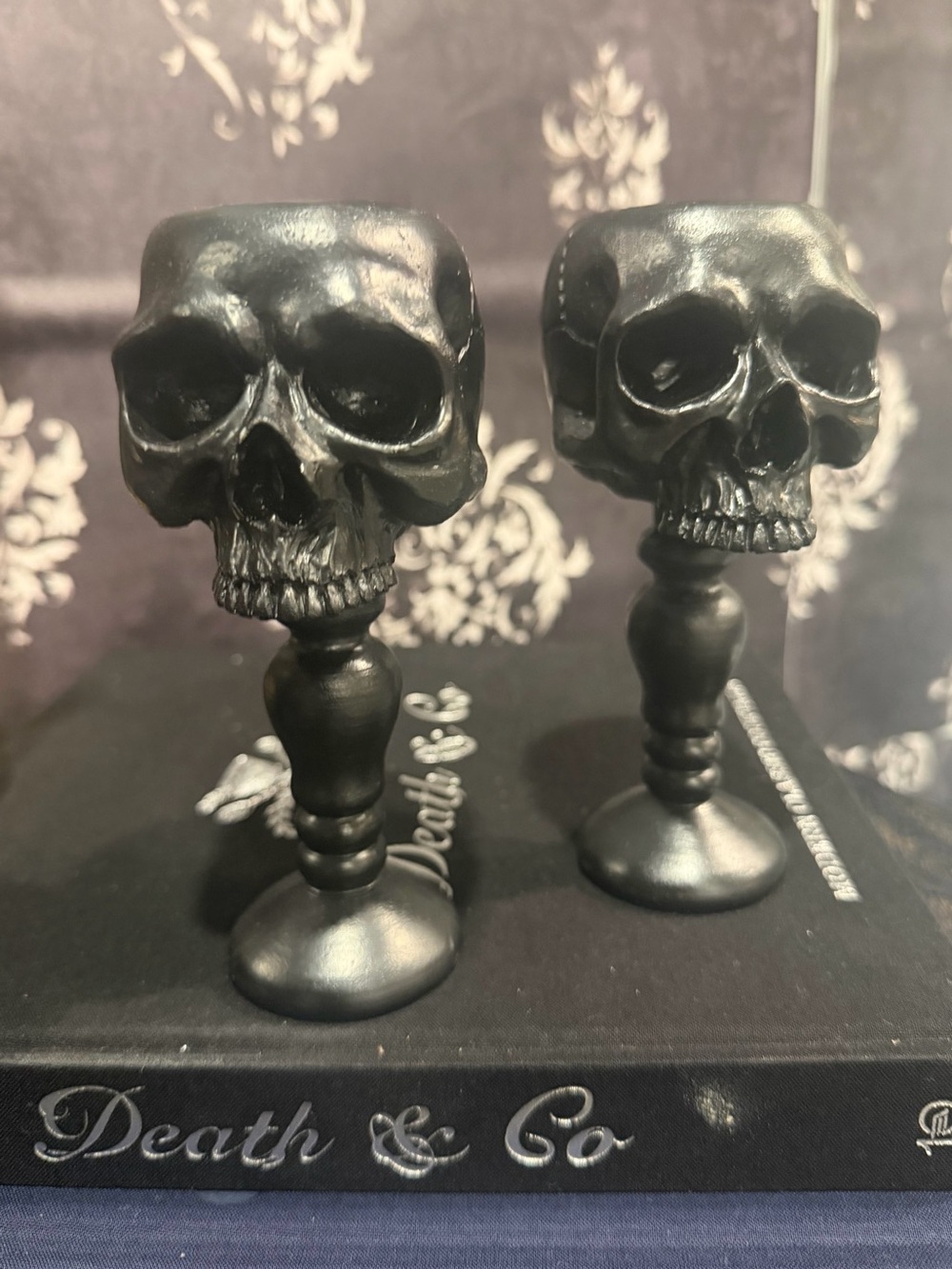 Pair Eoin Black Resin Skull Candle Holders Gothic Halloween + Votives
